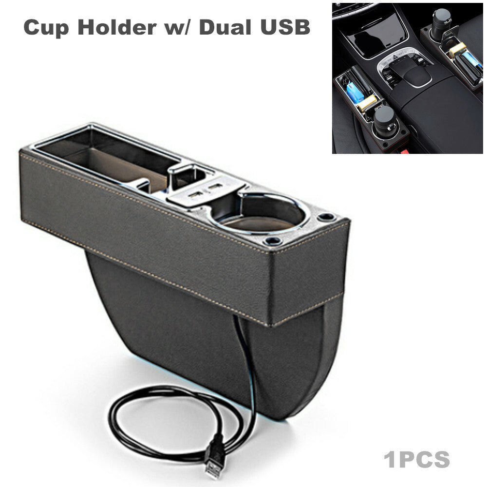 Car driver's for seat gap storage box, cup holder, dual USB ports - n