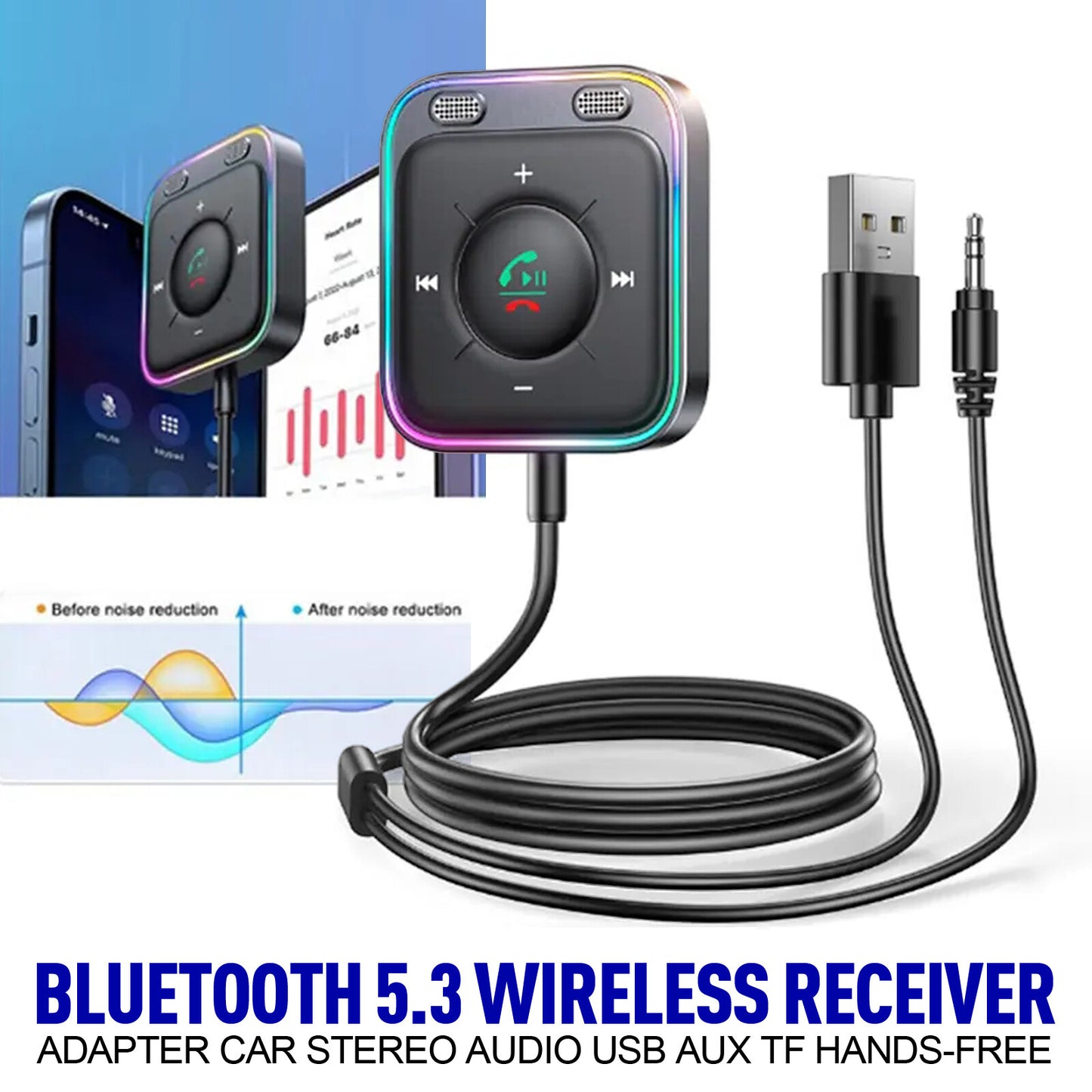 Car Bluetooth 5.3 Wireless Receiver Adapter, Stereo Audio, USB, AUX, TF, Hands-free