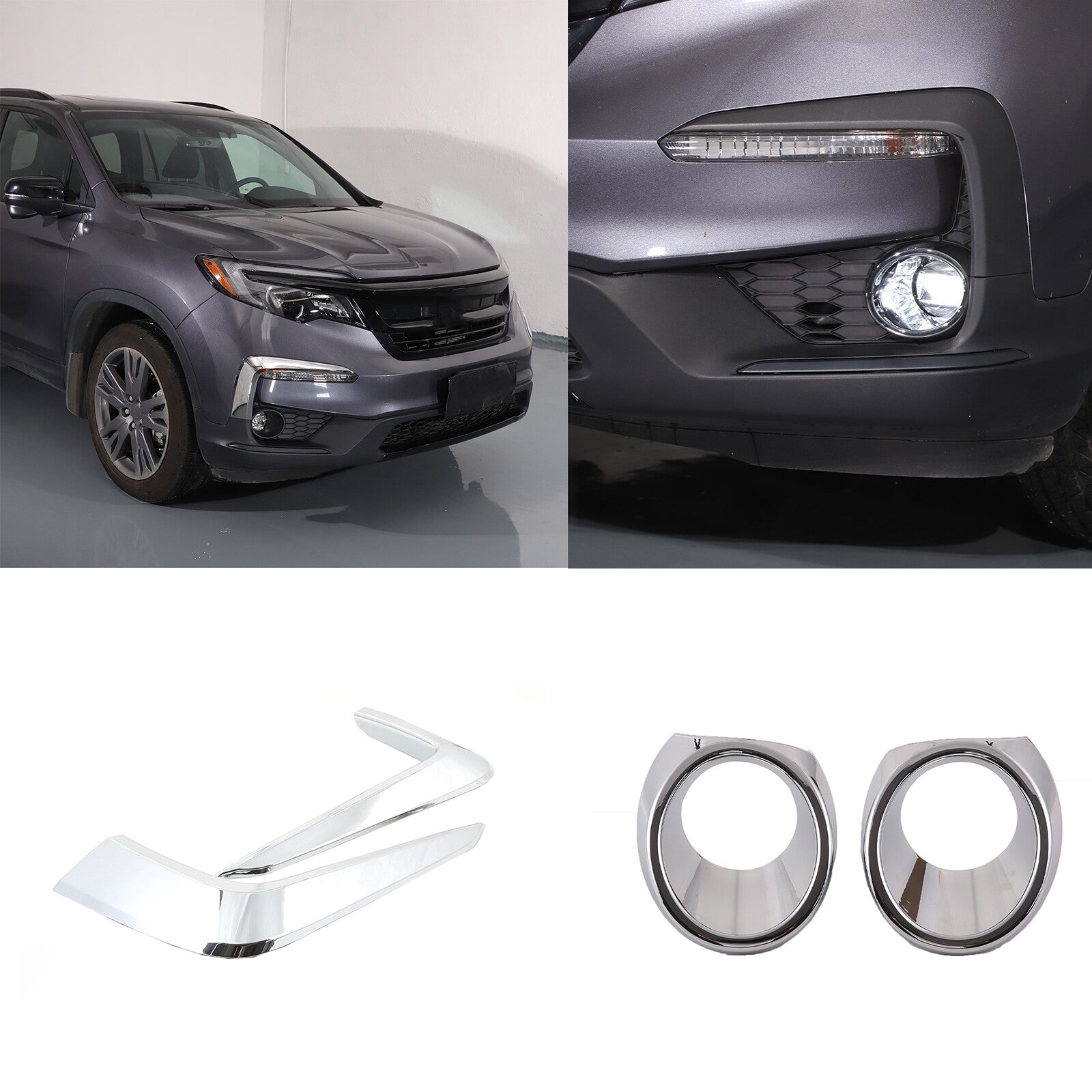 Chrome front fog light stripe trim + lens trim for Honda Pilot 19-21- n