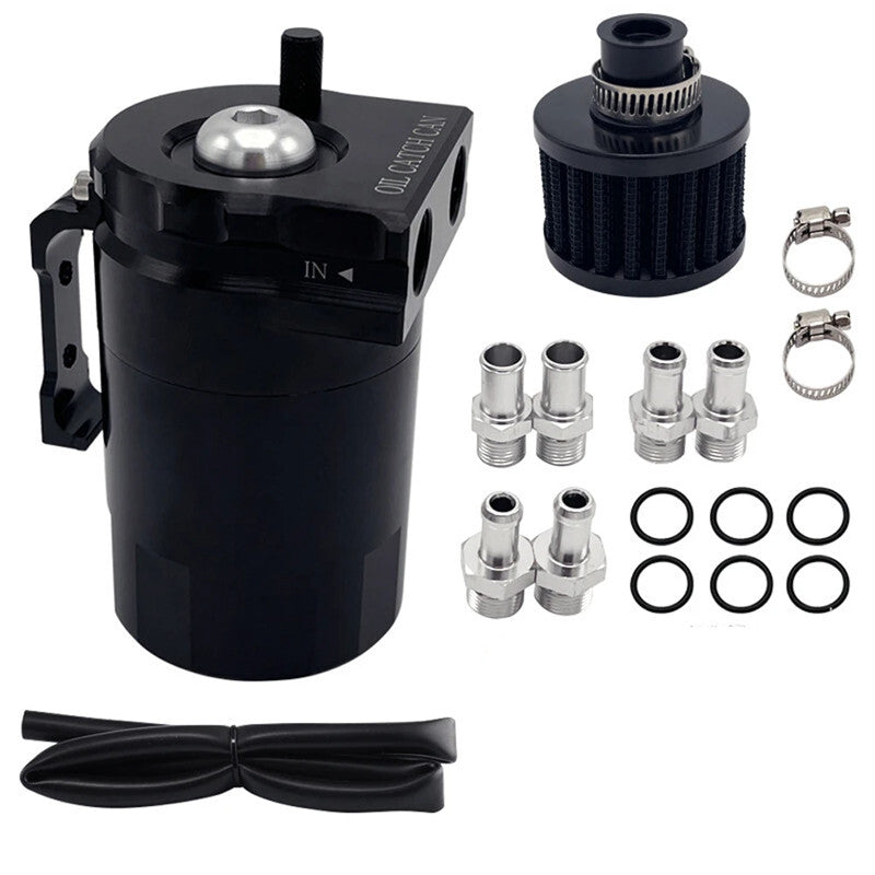 Car Black 2 Port Oil Catch Can Tank Fuel Tank Baffled Drain Air Oil Separator
