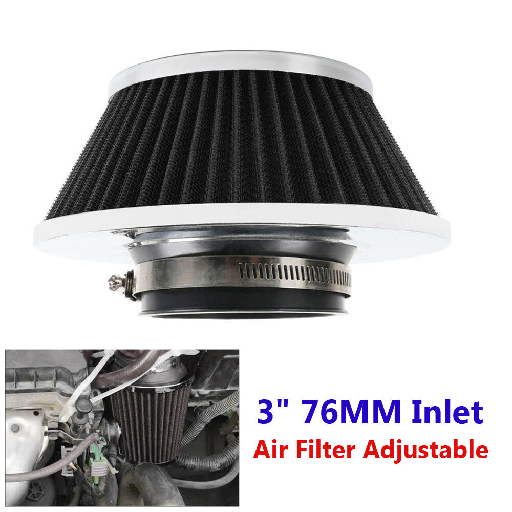 1-Pack 3-inch 76mm Imported Cold Intake Cone Car Air Filter, High Performance, Black n