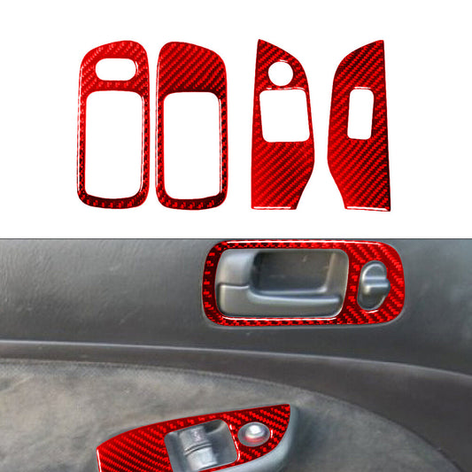 4X Red Carbon Fiber Door Window Control Cover Trim for Honda for Civic 2-Door 03-05