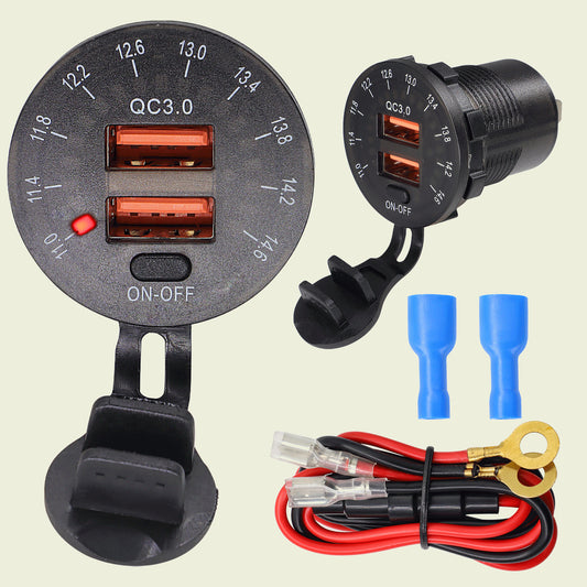 QC3.0 Dual-USB Car Fast Charger Socket Power Outlet LED Voltmeter Waterproof 12V