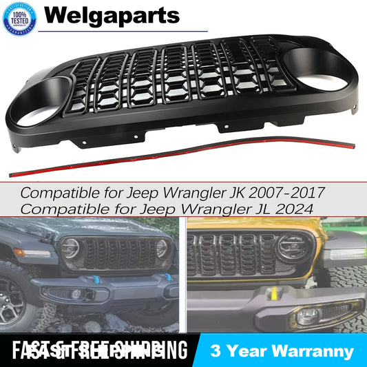 Front Grill Bumper fit for Jeep for Wrangler JK 2007-2017 Upgrade to 2024 JL Mesh Grille