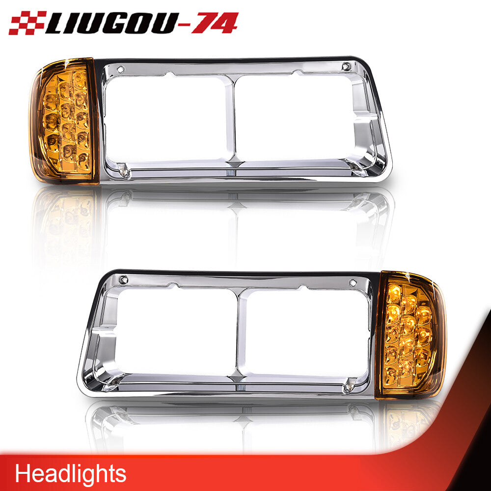Fits for Freightliner FLD120 headlight bezel with LED turn signal corner lights 2 pieces - v