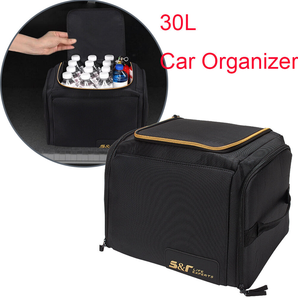 Car Trunk Organizer with Lid  Sturdy Handle Cargo Storage Compartment Bag Black