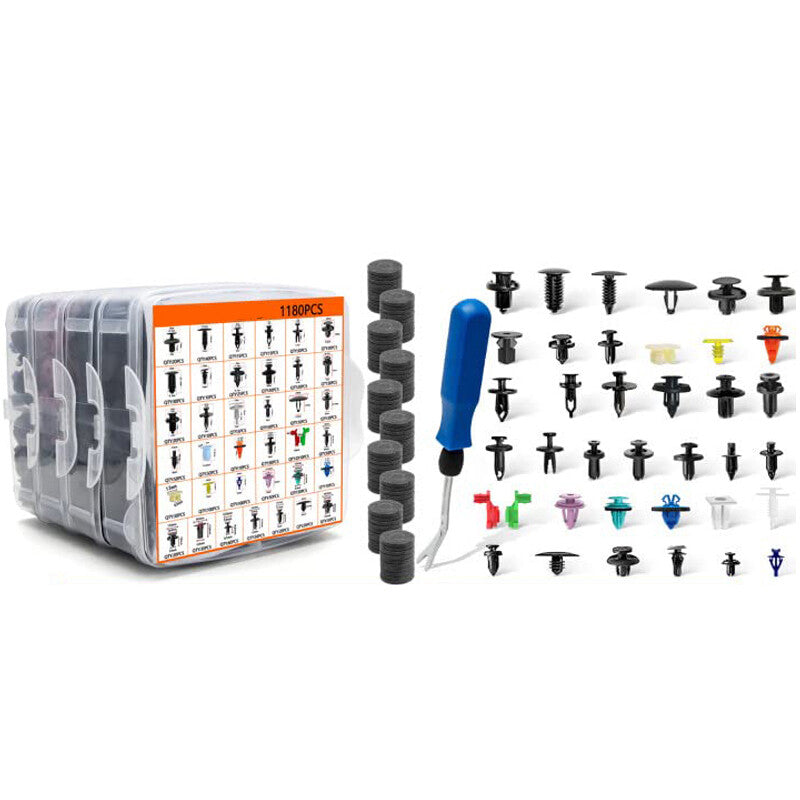 1295-piece set of universal automotive body rivets, bumper panel fasteners, and clips with tools. n