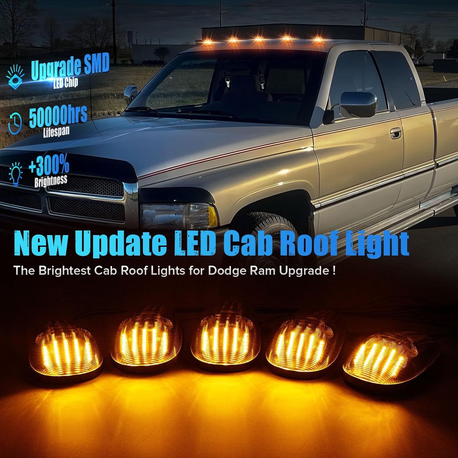 Pack Cab Roof Running Lights for CHRome Housing Yellow LED For 99-01 for Dodge for Ram Trucks - v