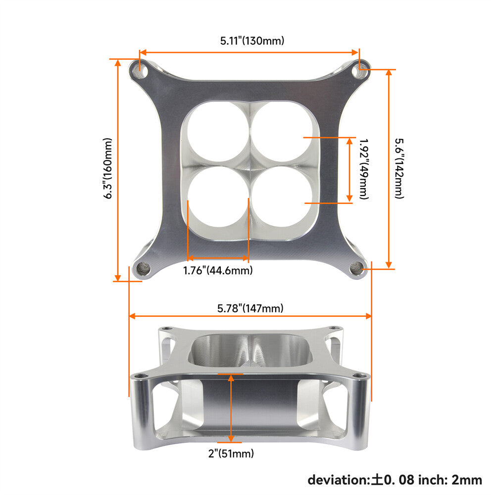 2 inch T6 Aluminum 4150 CNC Machined Carburetor Spacer Square Bore 4 Port Silver