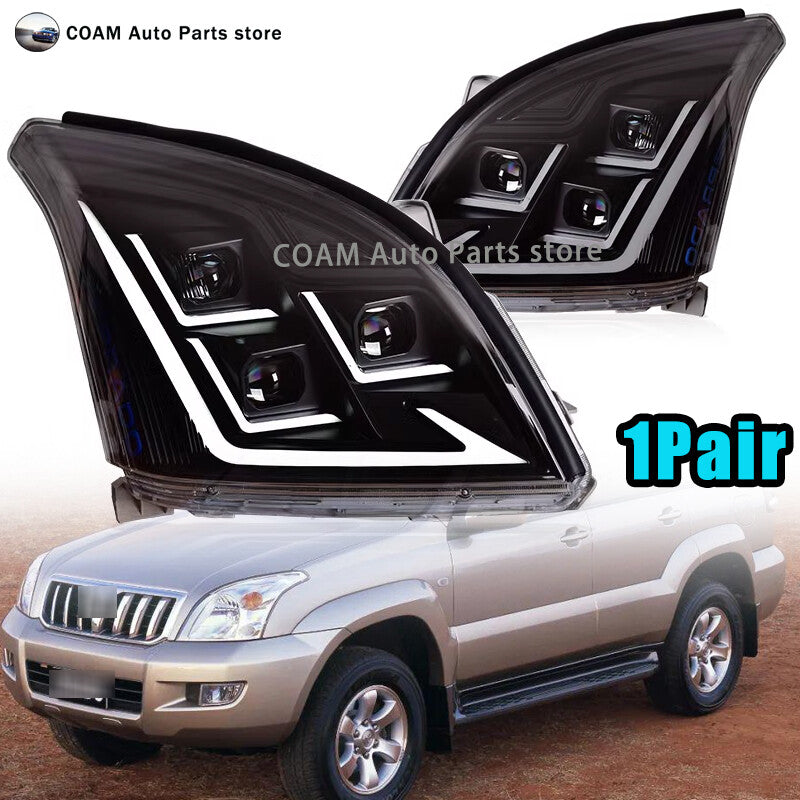 2-pack of black LED headlights for Toyota Prado FJ120 LC120 (2003-2009).