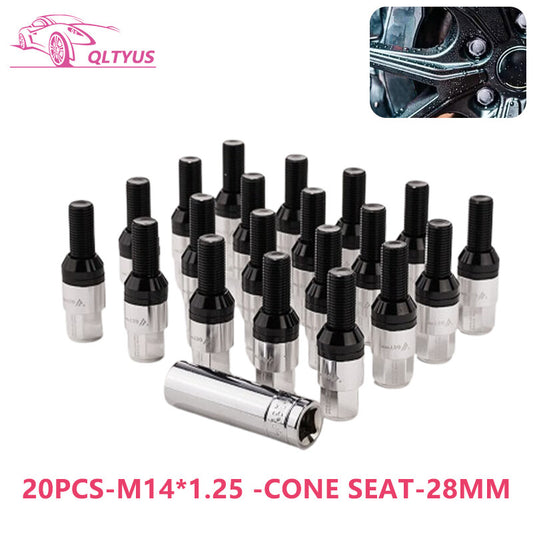 20PC 28mm M14x1.25 Wheel Lug Bolt Cone for Seat Stud Set for Most Aftermarket Silver