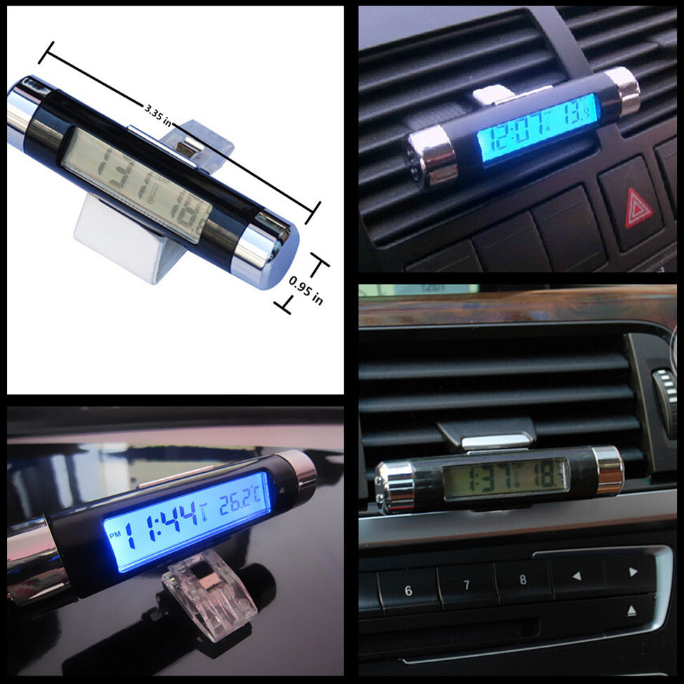 Car Air Vent Clip-on Electronic Clock Time Blue LED Backlight Thermometer