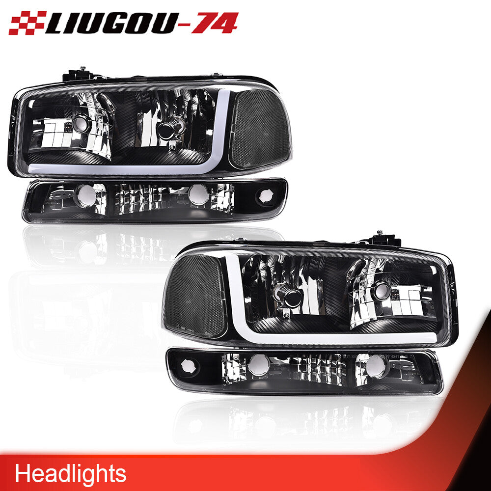 Fits 1999 - 2007 for GMC for Sierra for Yukon LED DRL Headlights with Signal Lights Black/Clear - v