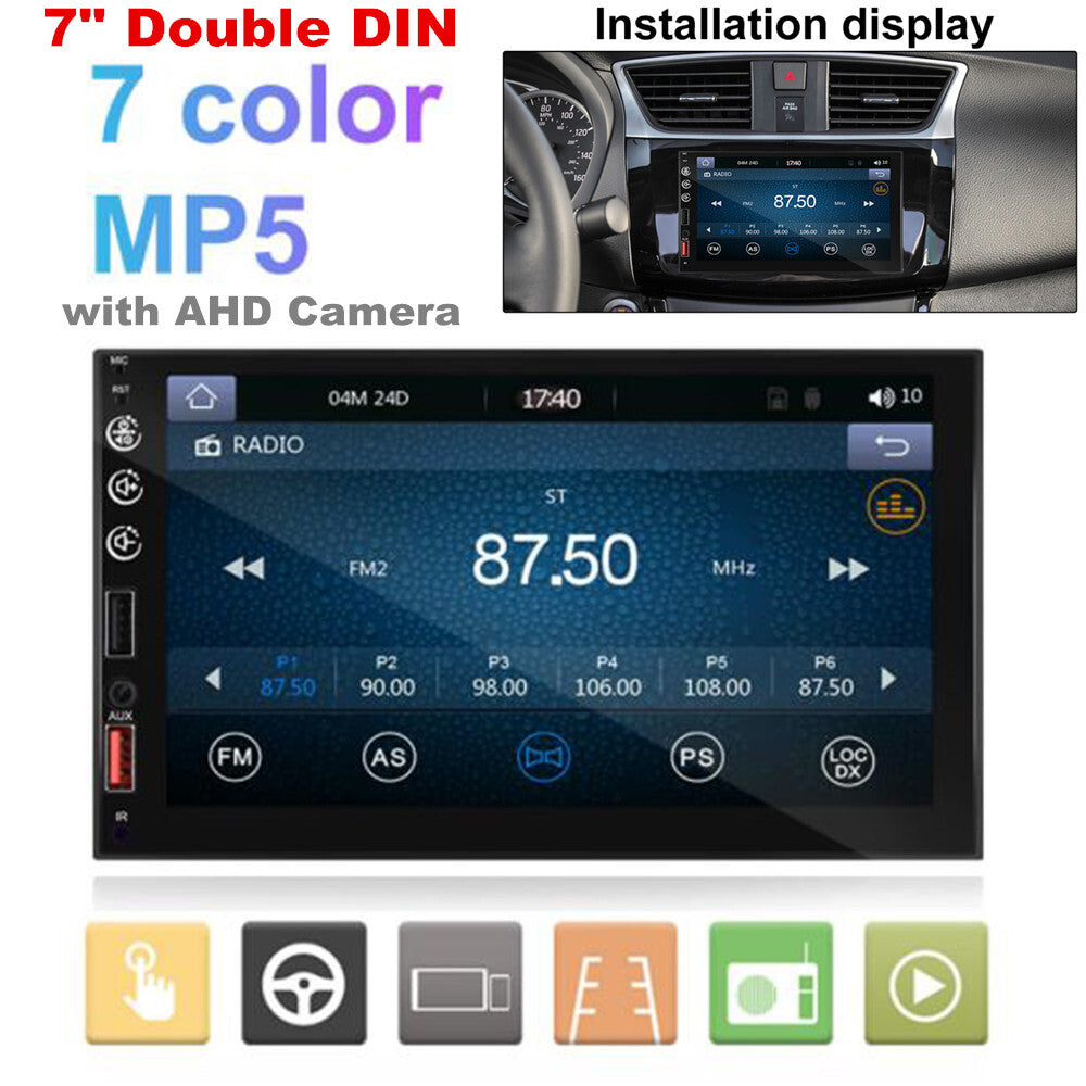 Built-in CarPlay, 7-inch dual DIN car stereo radio, Bluetooth, USB, AUX with AHD camera. n