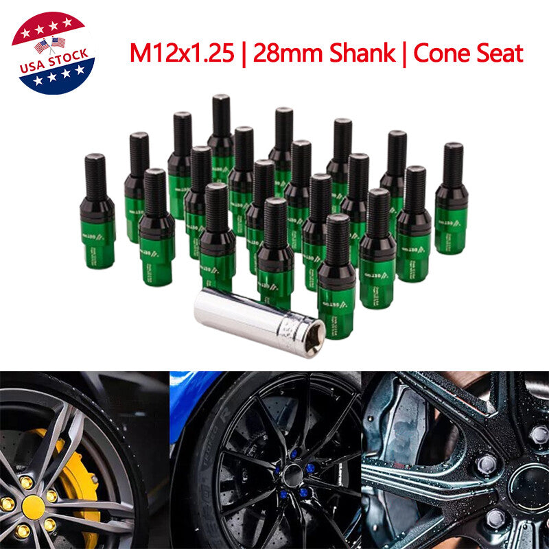 20-pack green M12x1.25 wheel lug bolts, tapered for seat studs, 28mm shank, suitable for Jeep for Chrysler .