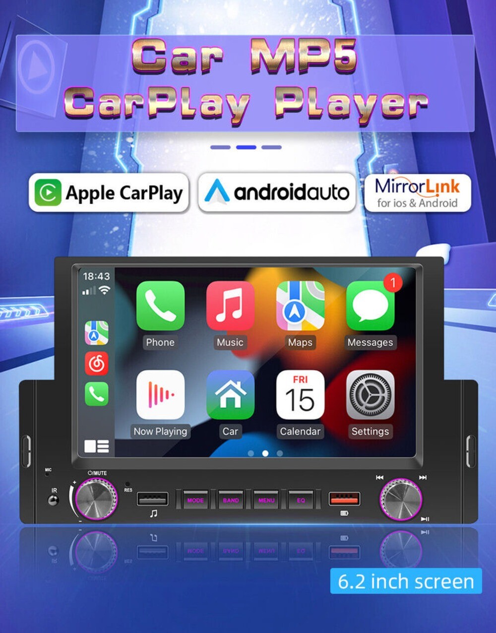 1-Din 2USB Stereo Radio Car Audio MP5 Player 6.2in In-Dash Bluetooth FM Receiver n