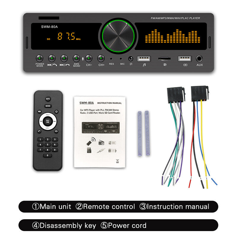 1Din Auto MP3 Bluetooth Player Stereo Audio In-Dash Radio FM/AM AUX Receiver US v