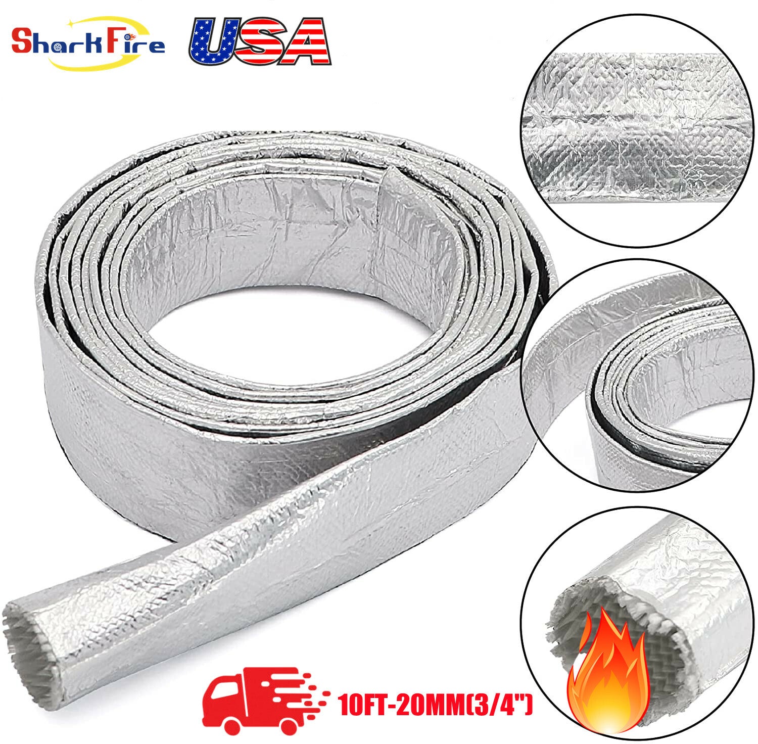 Aluminized Heath Wire Wrap Shield Sleeve, 3/4 inch ID x 10 feet, adjustable