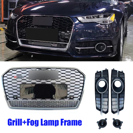 Front Bumper Grille+Fog Light Lamp Frame Fit for Audi A6 S6 2016-2018 Silver