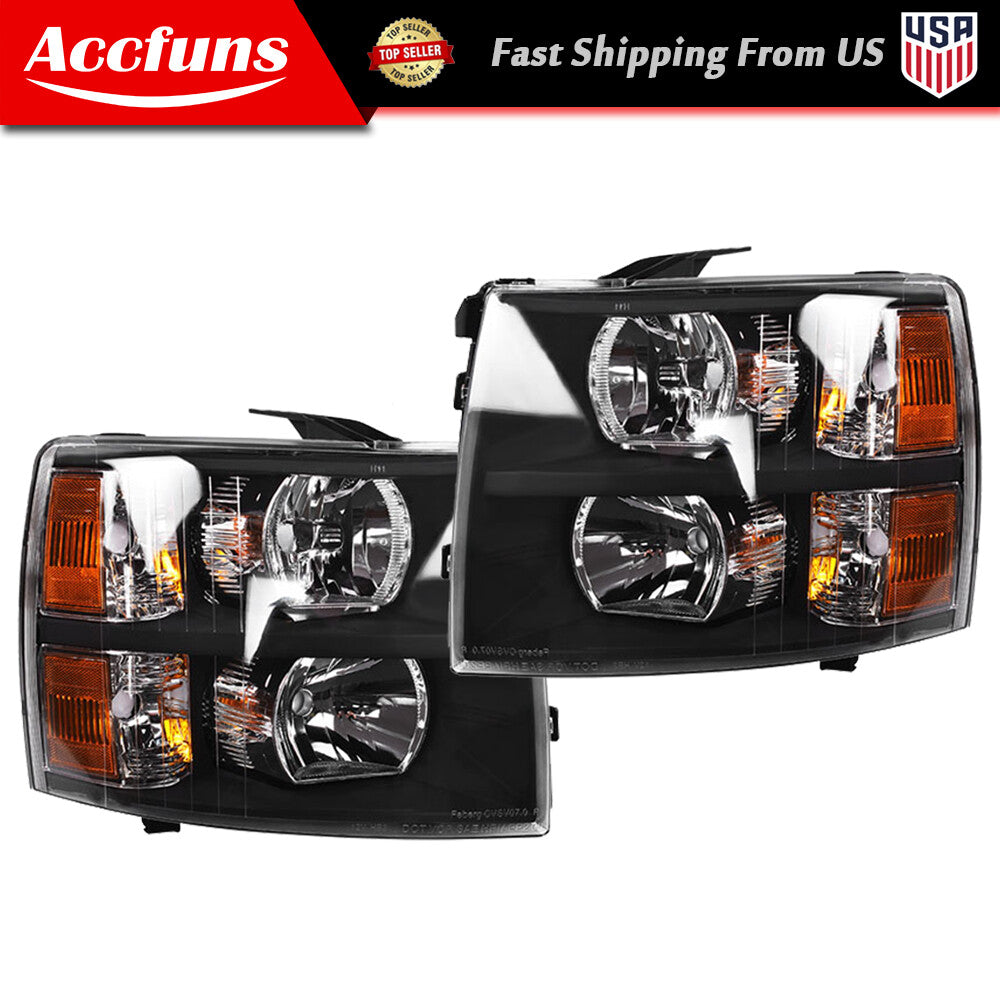 Suitable for 2007-2014 Silverado 1500-3500 HD Headlights (Pair) - Black Clear n