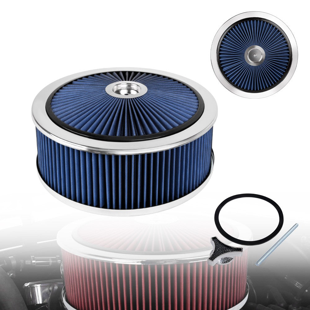 14 x 5 Blue Round Deep Dish Air Cleaner Kit + Washable Filter w/ Chrome Lid Q