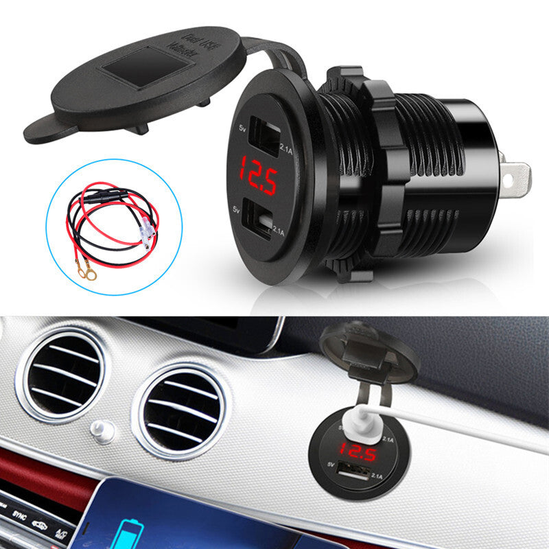 12V 2.1A Dual USB Ports Red Voltage LED Display Car Phone Charger Socket Adapter