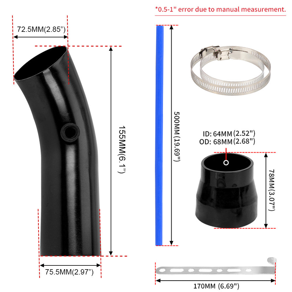 Black Universal 76mm 3 Aluminum Car Cold Air Intake Induction Pipe Hose Tube Q
