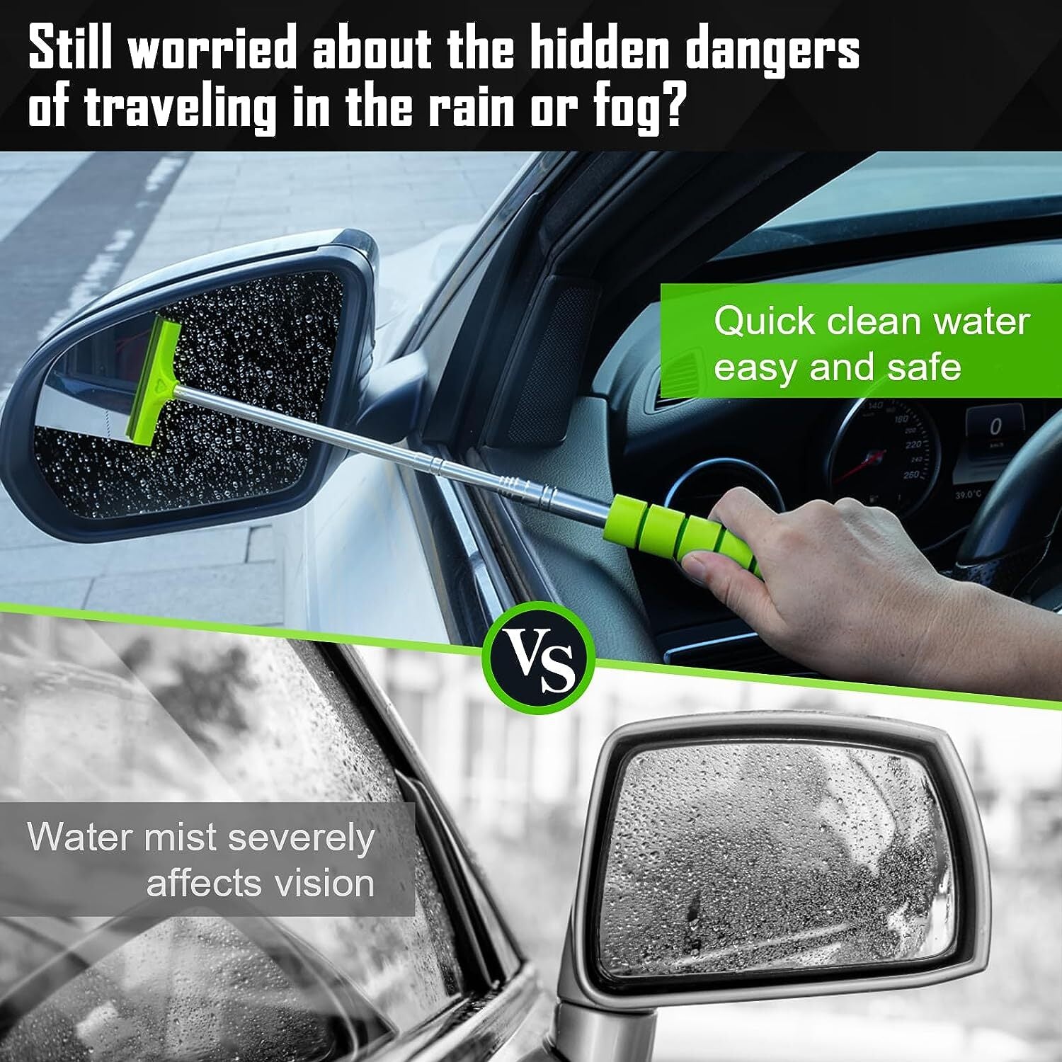 1Pc Telescopic Car Wiper Side Rearview Mirror Squeegee Water Removal Tool Green Q