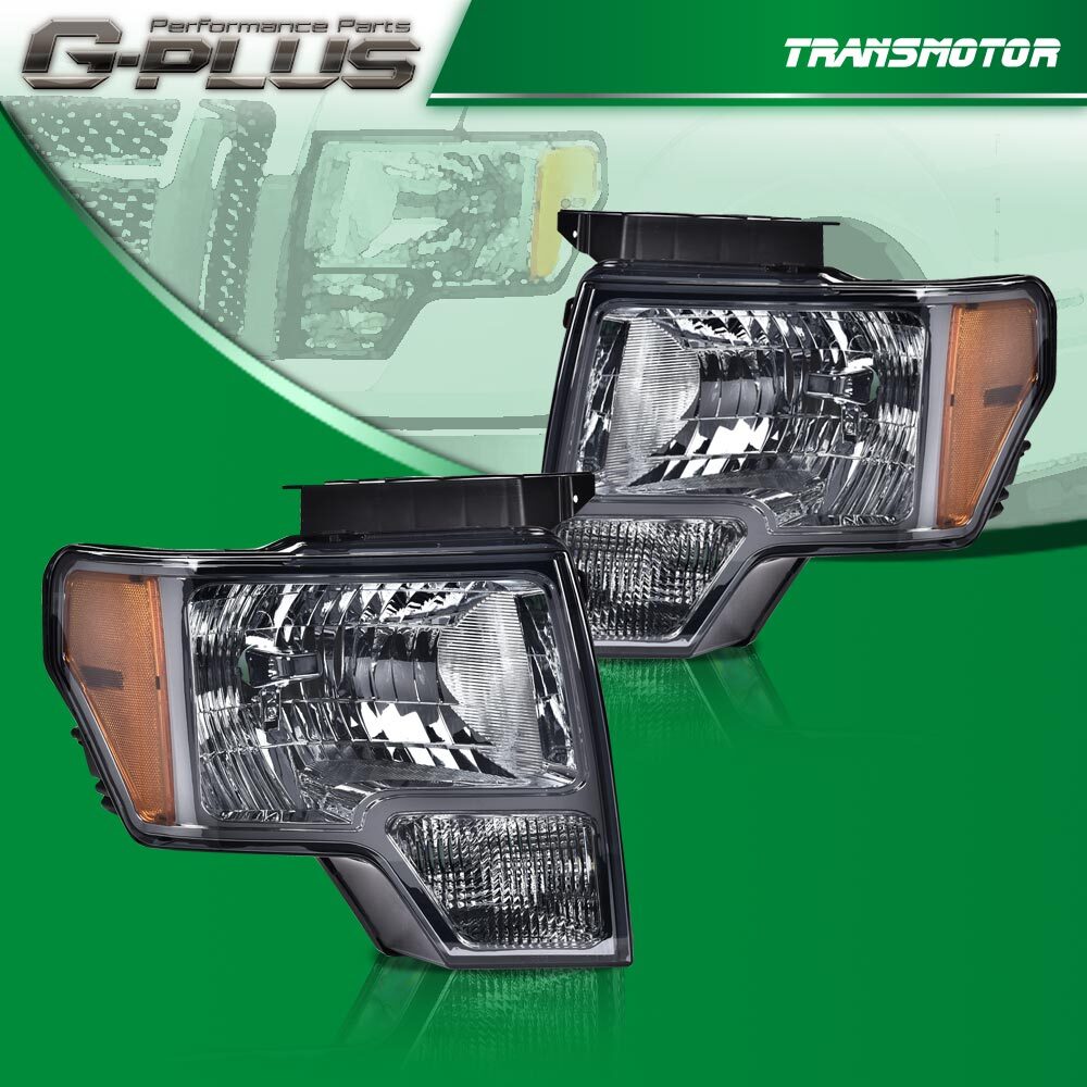 Fits 2009 - 2014 for F150 Smoked Lens Amber Factory Style Headlights Pair - v