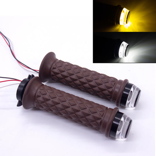7/8 22mm Brown Motorcycle Handlebar Hand Grip With LED Plug Strobe Side Light Q