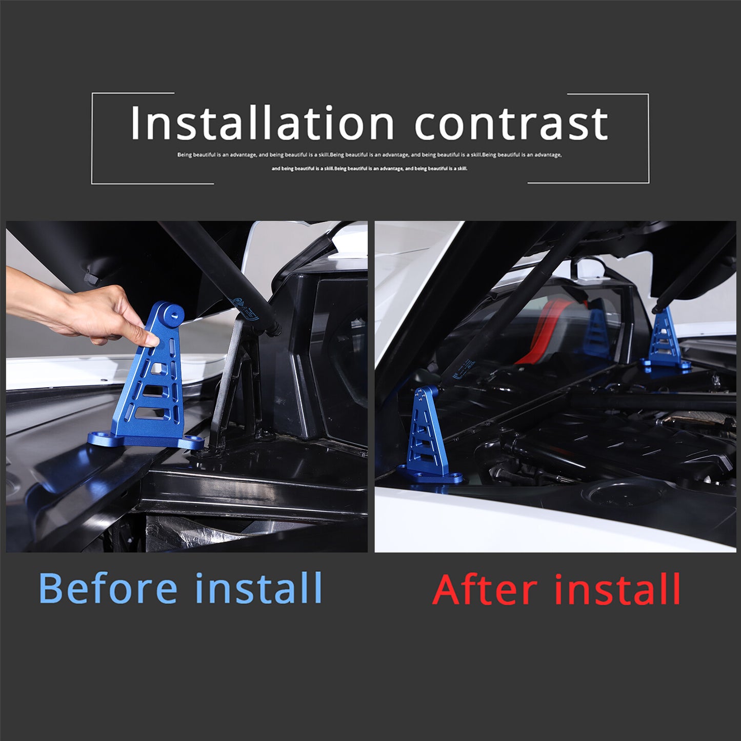 Blue aluminum E-Ray RaceLite rear cabin support bracket for Corvette C8 20-24