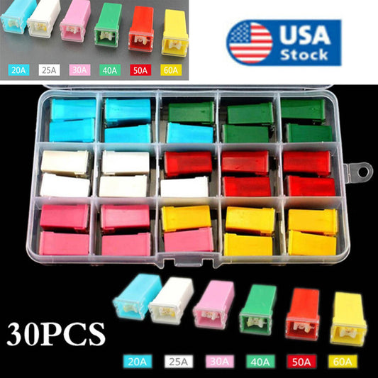 30-piece American car fuse set, 20A, 30A, 40A, 50A, 60A, combination low and high ratings.