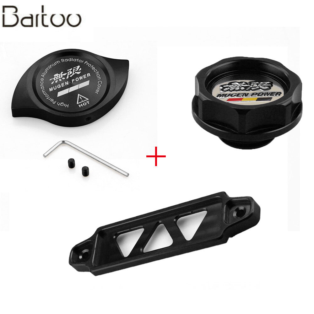 JDM Black Engine Oil Filler Cap + Radiator Cap +Battery Tie Down Q