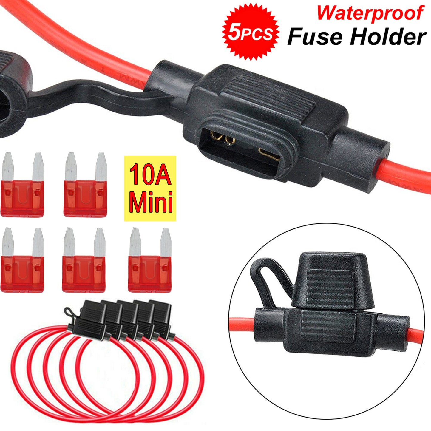 5 x for mini fuse holder flat fuse 11 mm car waterproof 14 AWG to 10A Q