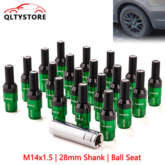 20x M14x1.5 Wheel Lug Bolt Set 28mm Shank Ball for Seat Studs for Audi for VW for Benz Green Q