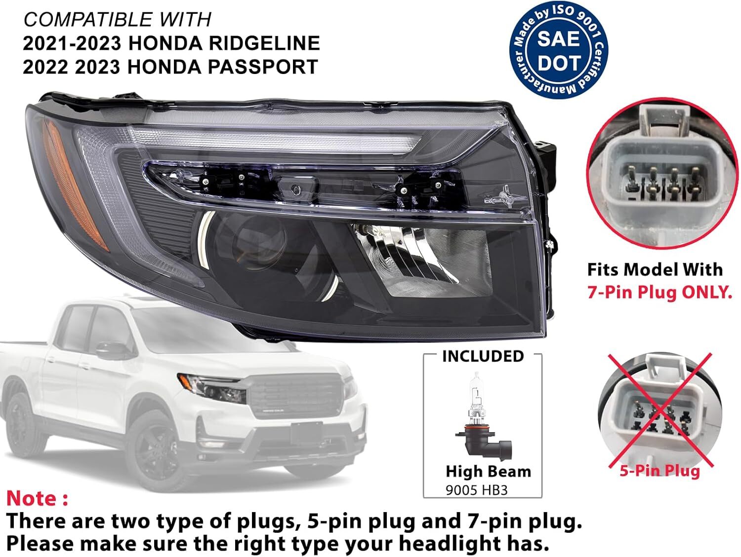 Headlight W/ 7-Pin Plug for Honda Ridgeline Passport 2021-23 Driver Passenger