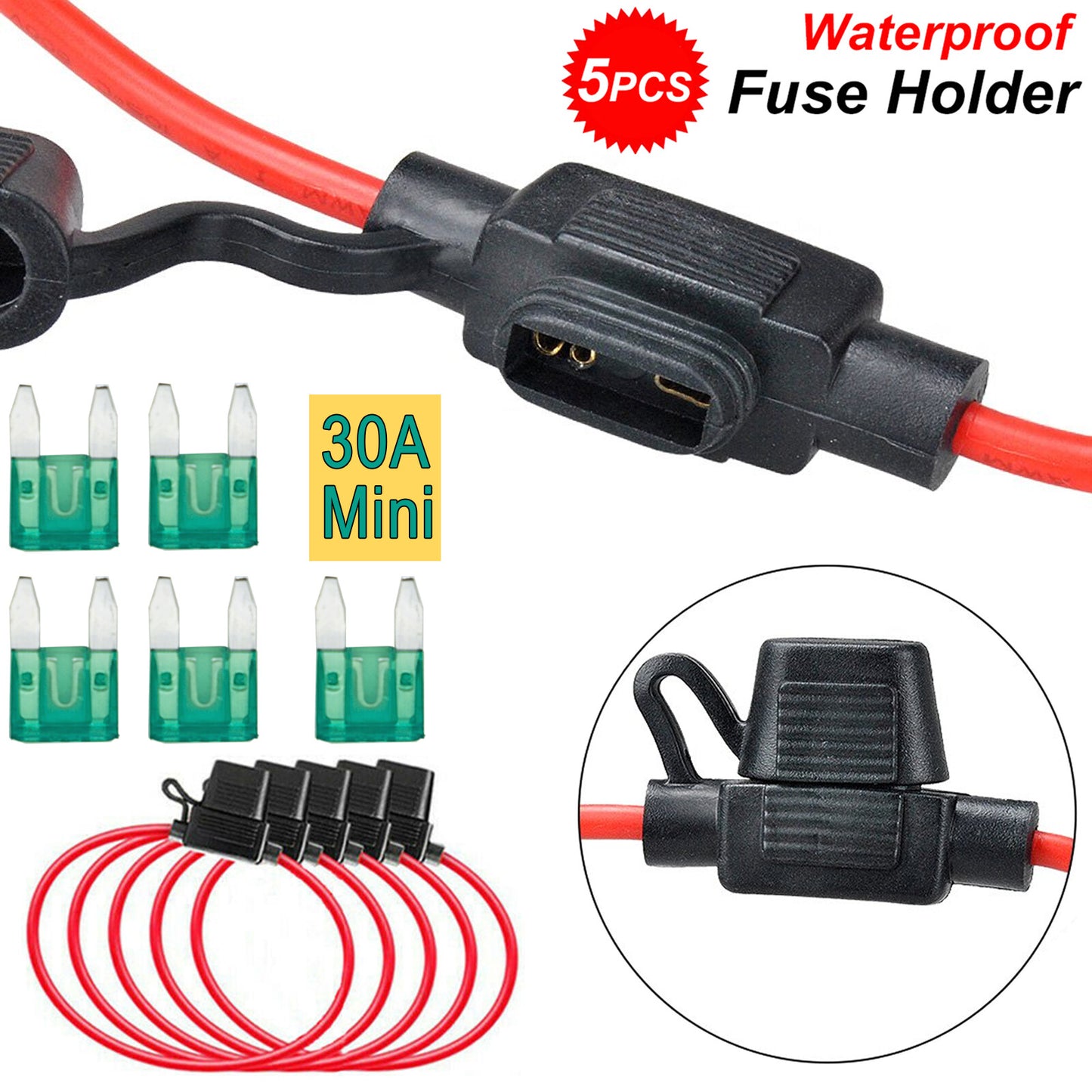 5pcs car fuse holder 12V 12AWG 30A for mini car fuses waterproof car Q
