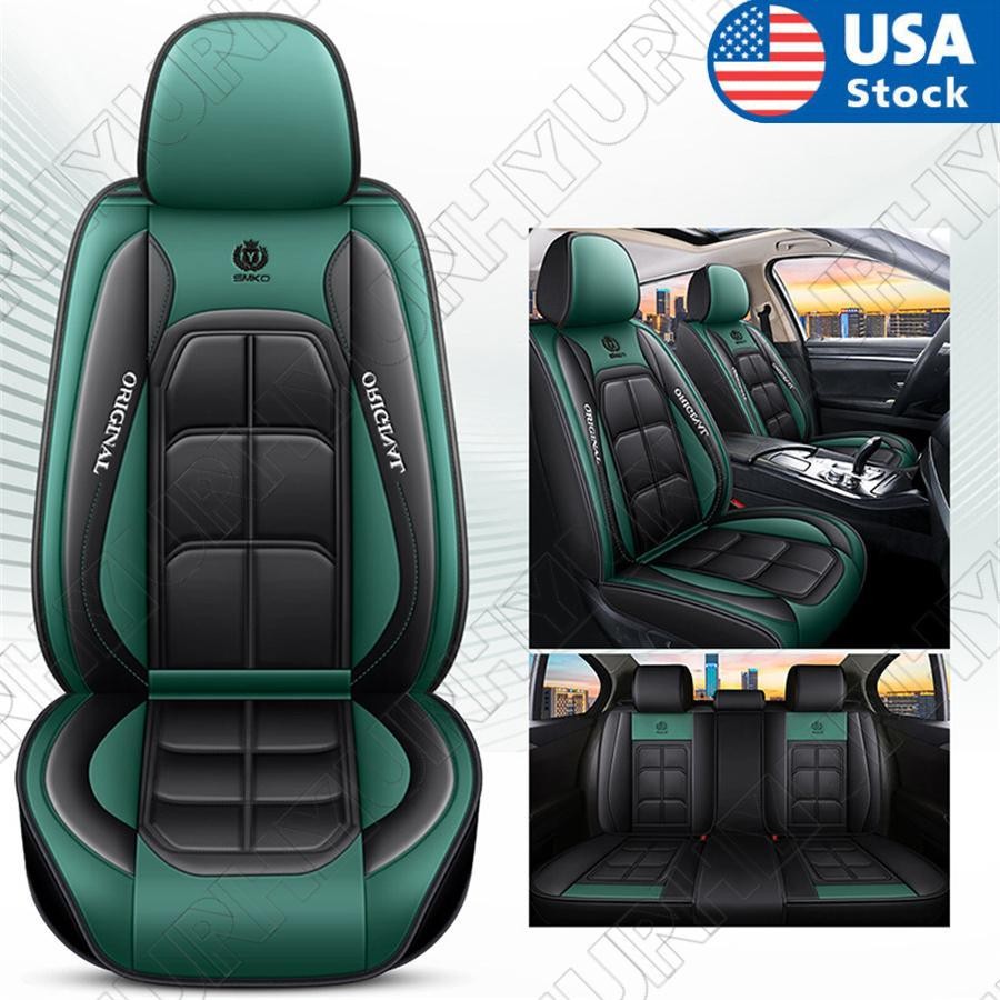 Luxury Wear Resistant Leather Car Cushion for Seat Cover Black+Green Full Surrounded