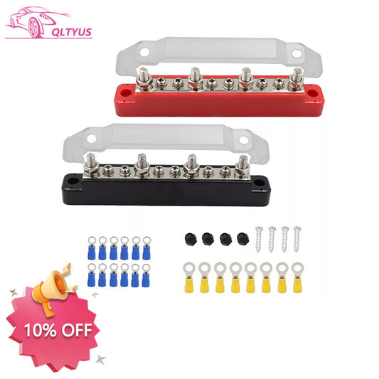 10-channel power distribution terminal block with screw cap and battery bus strip suitable for automotive applications.