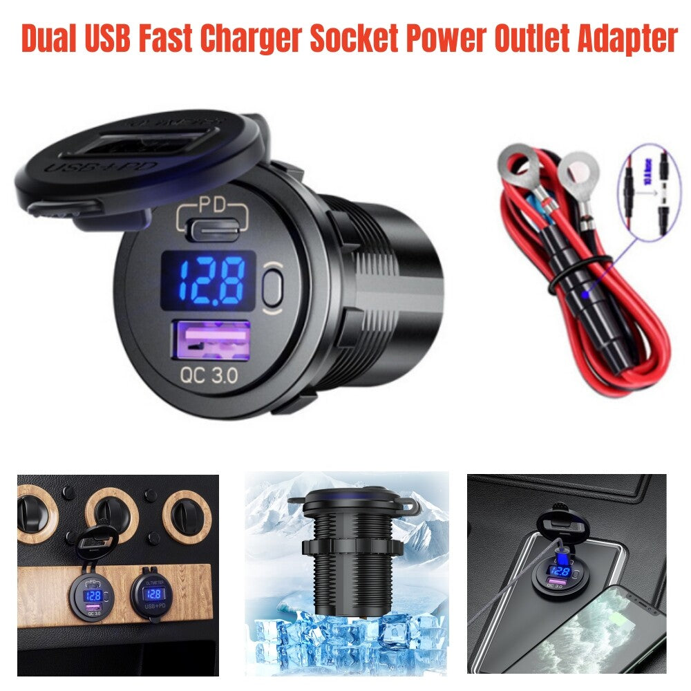 1-Piece QC3.0+PD Dual USB Fast Charger Socket Power Socket Part for Cars and Motorcycles n