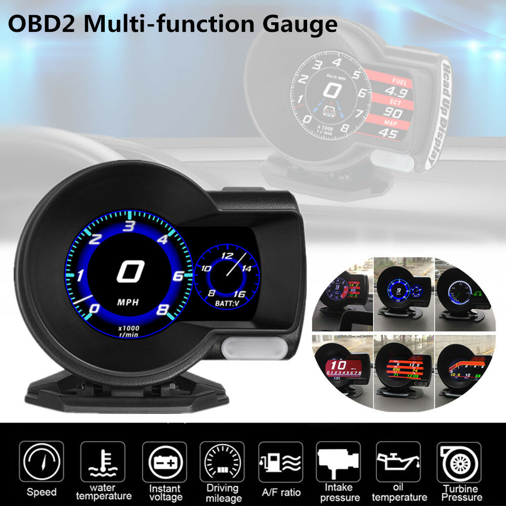 In-vehicle OBD2 multi-function instrument panel with head-up digital display of speed (RPM) and turbo pressure. n
