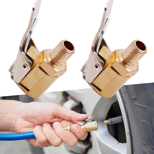 2x Tyre Valve Air Chuck Inflator Pump Connector Adapter Brass Clip on Car Set