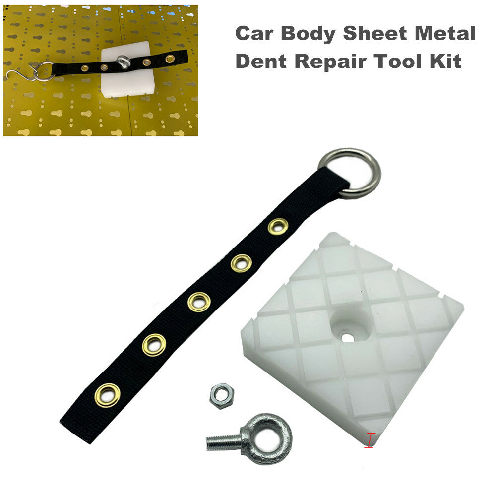 Automotive body panel metal dent repair tool kit with puller and nylon belt for anti-slip. n