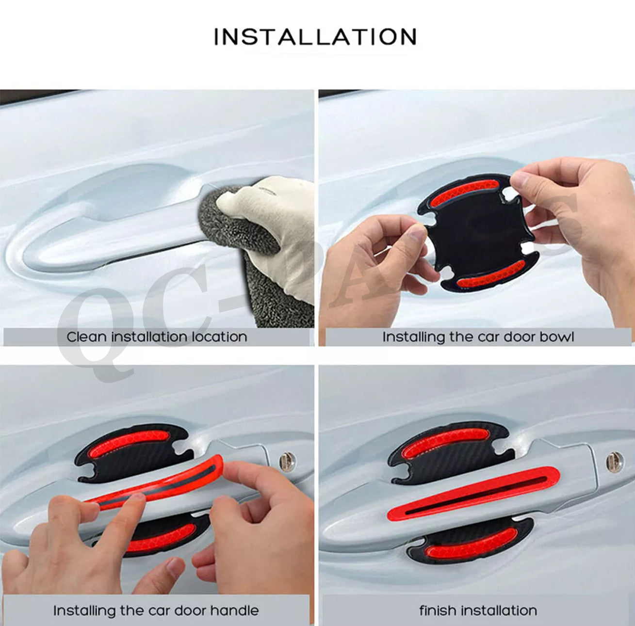 Carbon fiber reflective strip car door handle safety warning sticker decoration 8x red