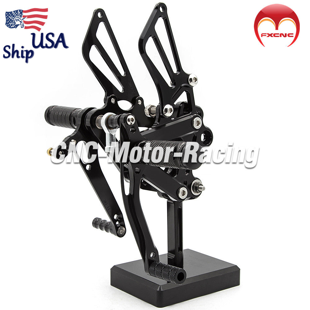 CNC geared footstool with foot spikes and pedals suitable for Kawasaki ZZR600 motorcycles manufactured in the in 2005, 2006, 2007, and 2008.