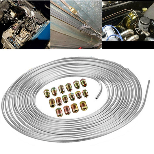 Iron Zinc Nickel Brake Line Tubing Kit 3/16 OD 25 Foot Coil Roll W/Fittings