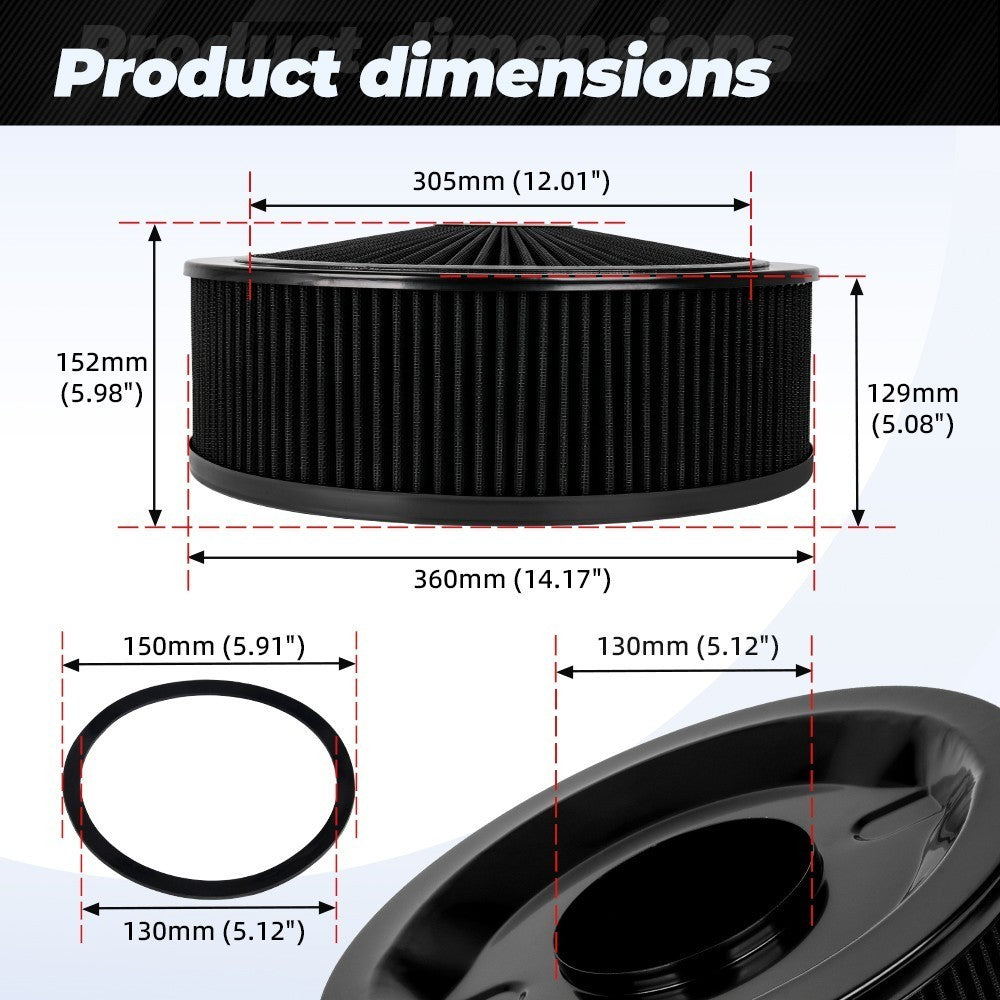 Black 14 x 5 Round Deep Dish Air Cleaner Kit + Washable Filter w/ Chrome Lid Q