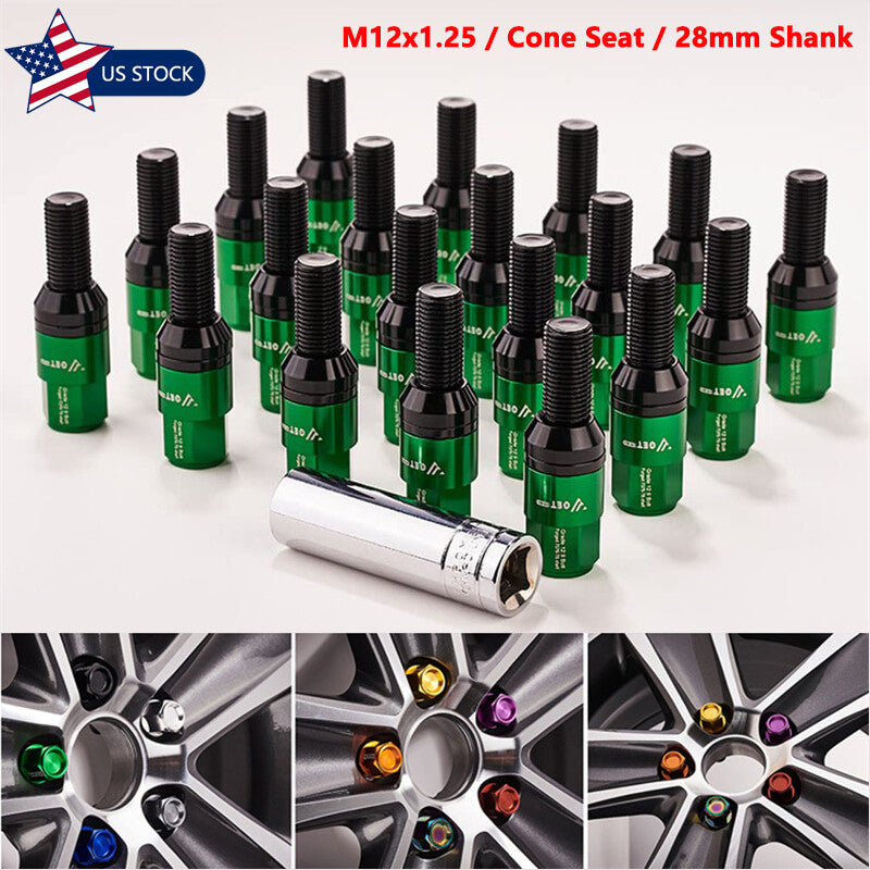 20PCS M12x1.25 Green Wheel Lug Bolt 28mm Shank Cone for Seat Stud for Jeep for Chrysler