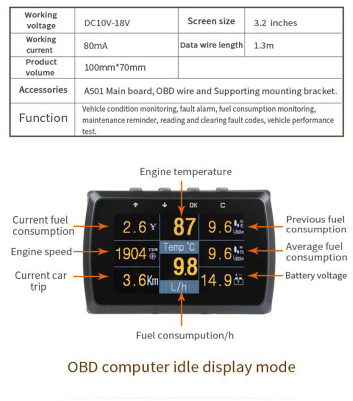 Car A501C for Smart OBD OBD2 HUD Digital Meter Speedometer Fault Code Alarm Display