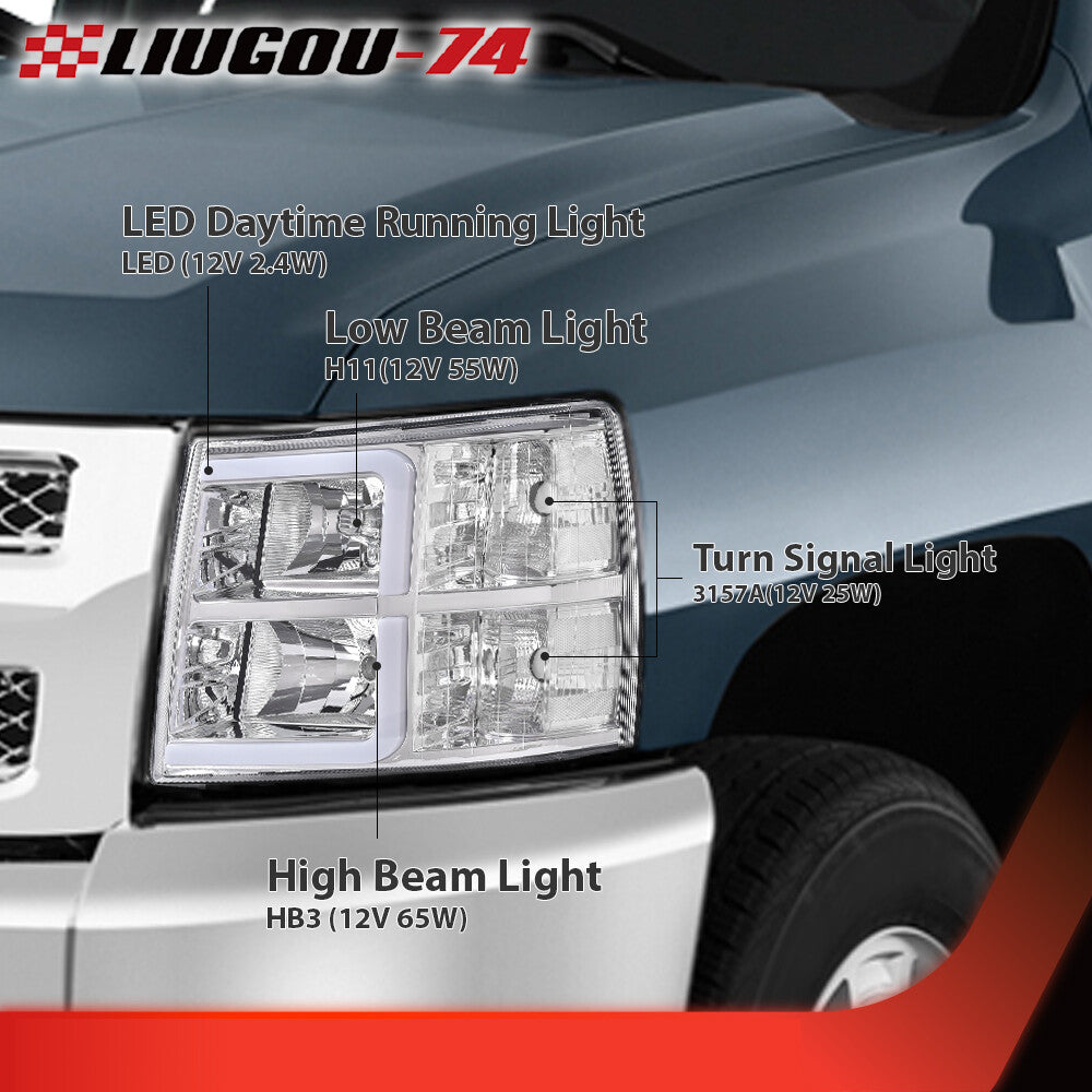 Suitable for 07-13 for Chevrolet Silverado LED DRL chrome/transparent tube headlights, new.
